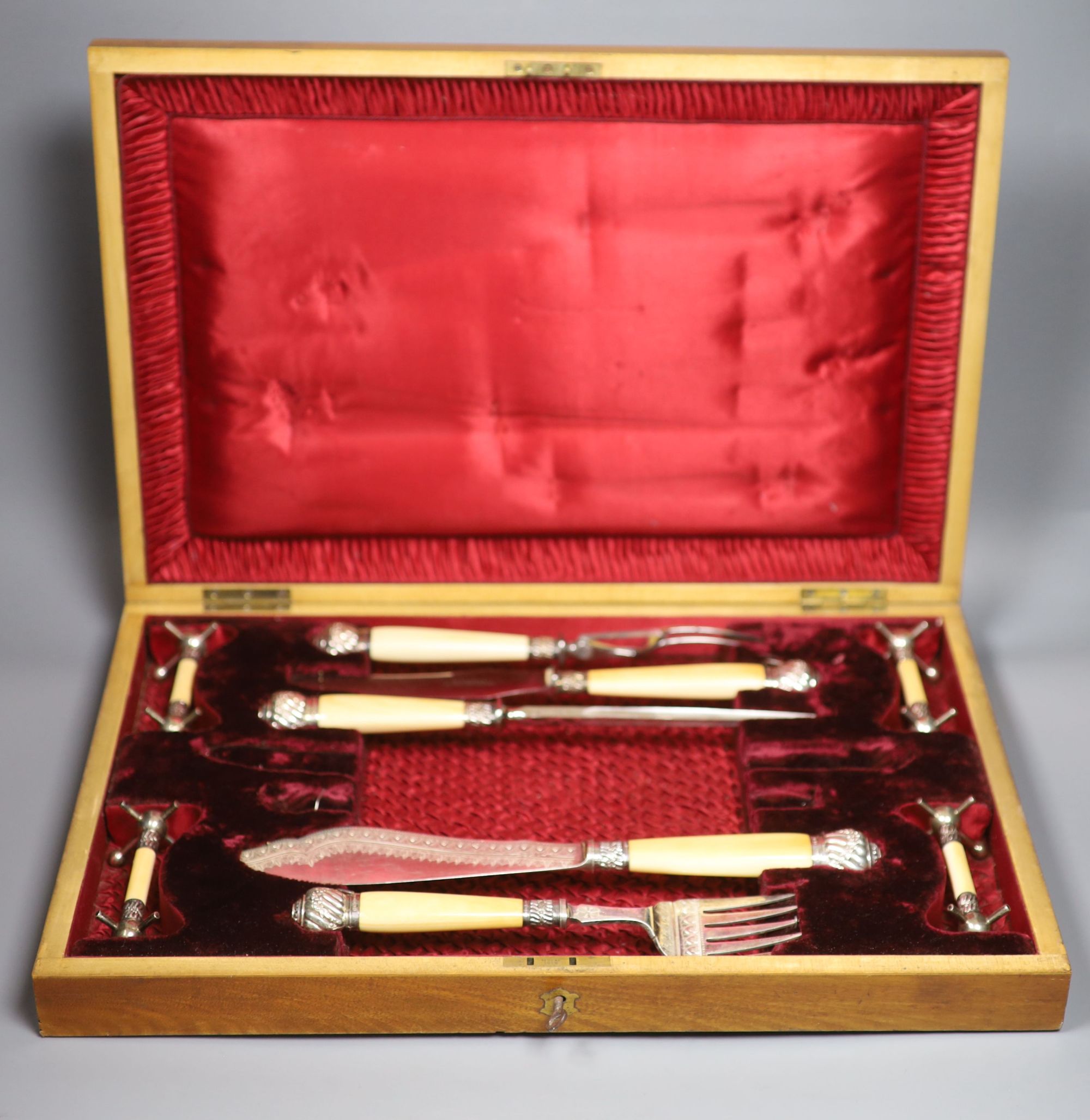 A late Victorian cased silver and ivory fish serving and meat carving set, Allen & Darwin, Sheffield, 1894,